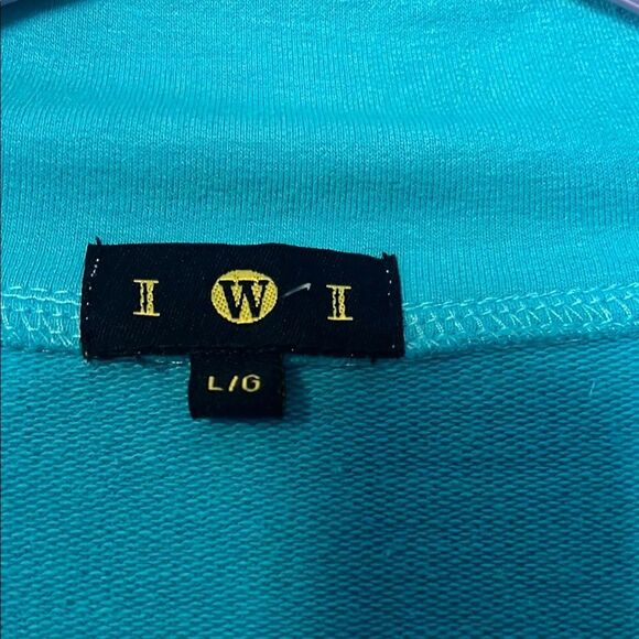 Teal Zip-Up Jacket with White and Pink Stripe down the arm. - Picture 2 of 4